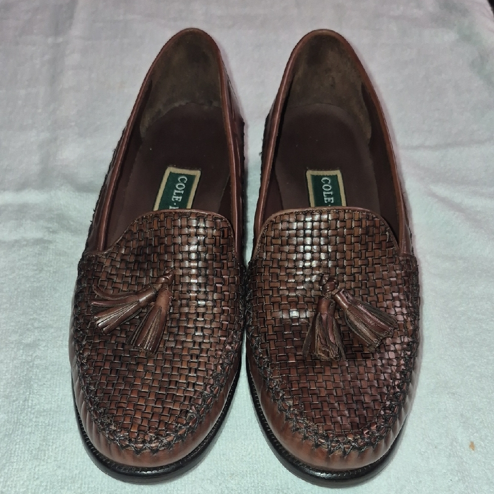 Cole Haan Brown Woven Leather Tassel Loafers